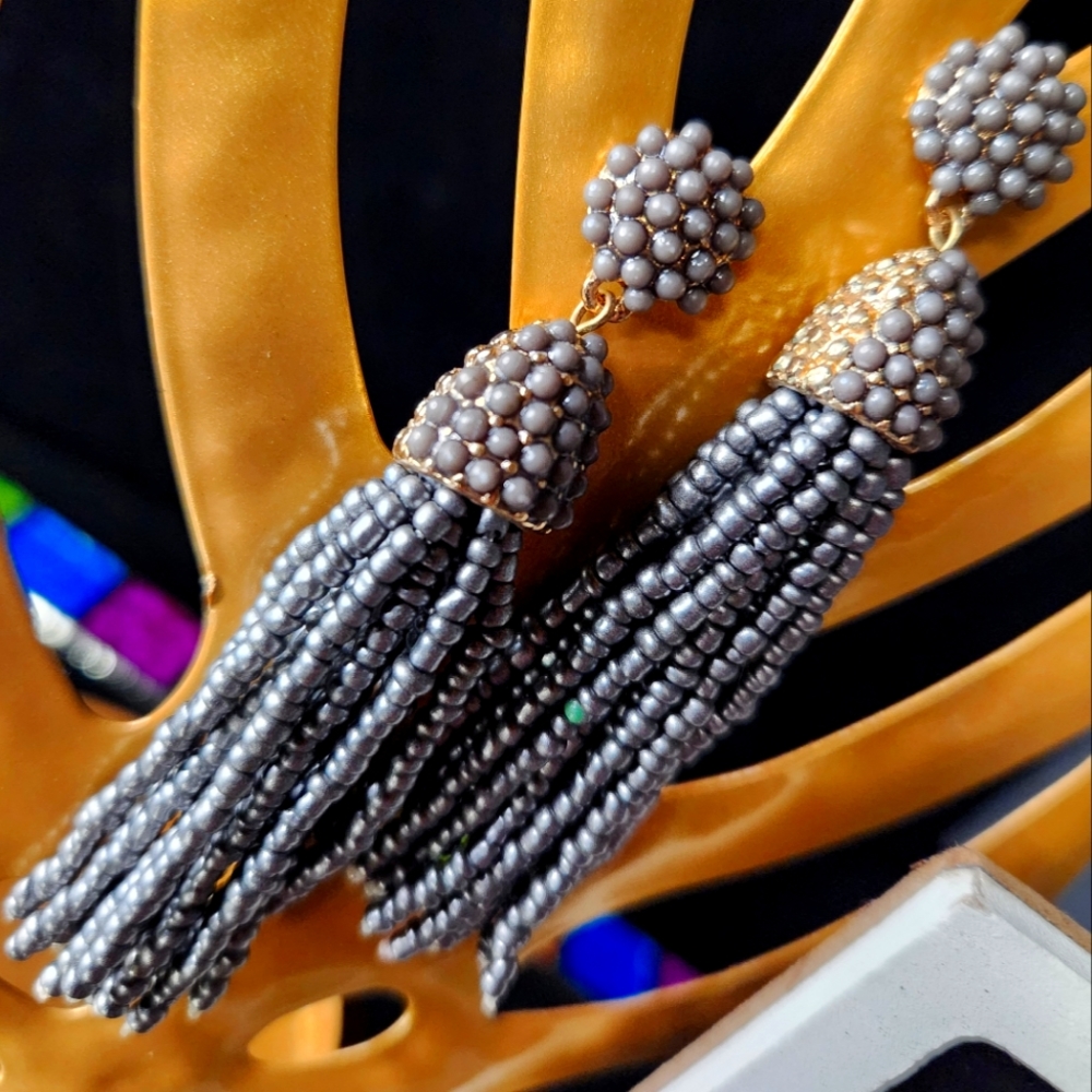 Sugarfix gunmetal seed bead Bollywood tassel bronze and bead 3" dangle earrings